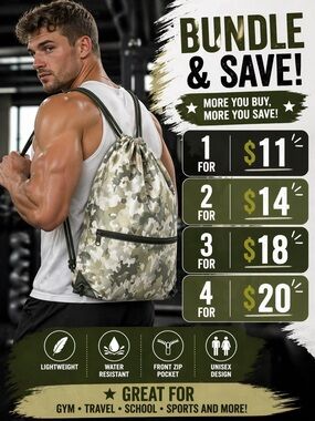 Camo Drawstring Backpack Bag Gym Water Resistant Pocket 1/$11 2/$14 3/$18 4/$20